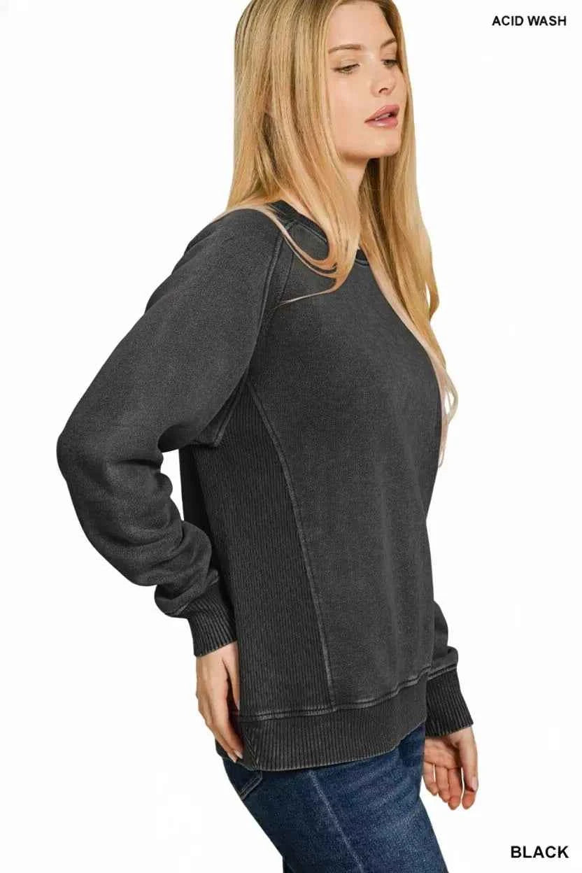 Zenana Acid Washed Fleece Sweatshirt with Side Rib 1bbaa437-487e-4c4a-a49e-cda315791e54-Max-Origin
