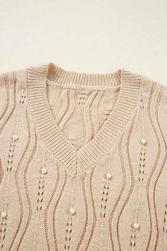 Pearl Beaded Pointelle Knit V-Neck Lace Trim Sweat 1c0531e8-7fb7-442d-ae60-cd324241b1a2