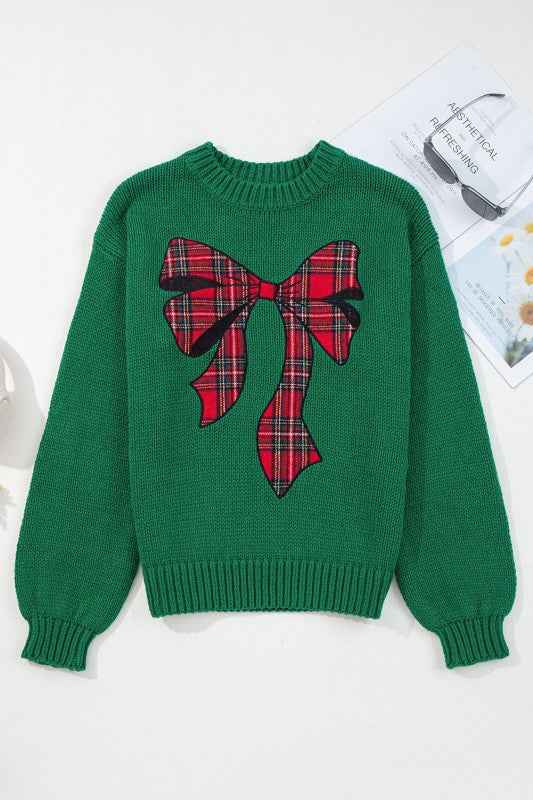 Plaid Bow Drop Shoulder Christmas Sweater 1c1d33d1-64a9-4531-aa44-0524115096f7