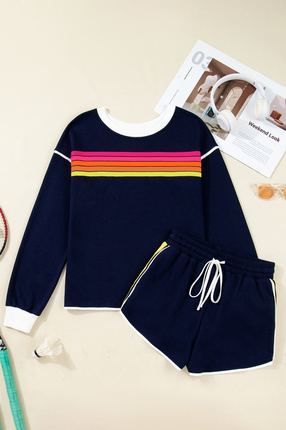 Bluing Colorful Striped Accent Varsity Long Sleeve Pullover and Shorts Matching Set