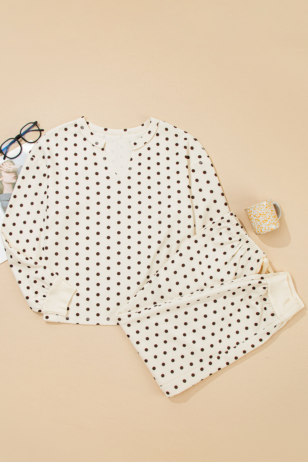 White Polka Dot Print Pullover Drawstring Jogger Pants Pajama Set 1ca3d6edd8c85e9d