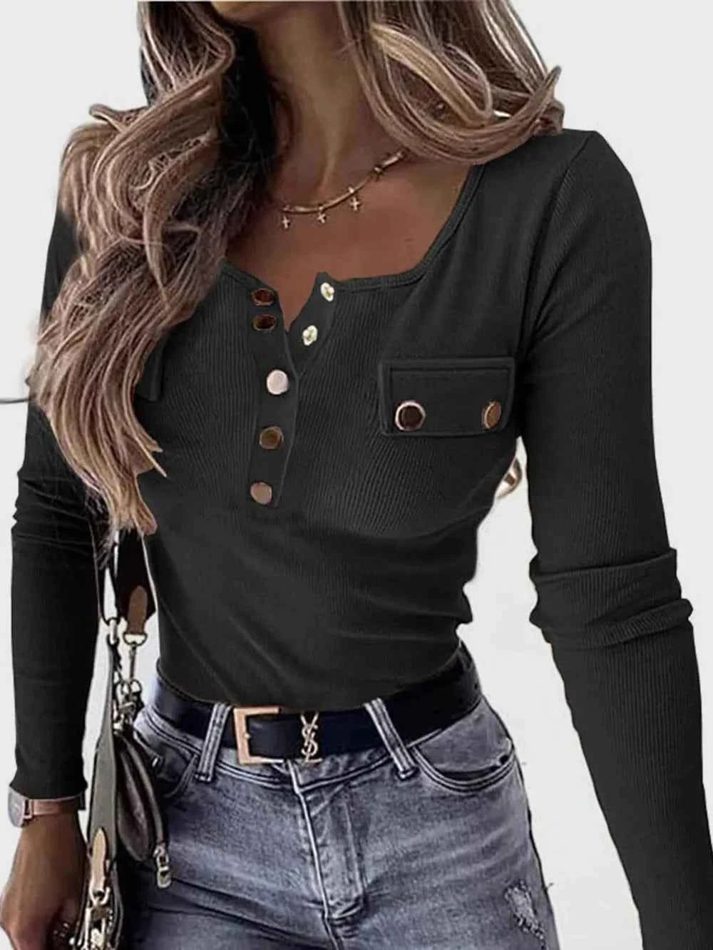 Full Size Half Snap Long Sleeve T-Shirt Black 1cd9631f-d84d-4b45-9ac3-ccc9b426c23b-Max