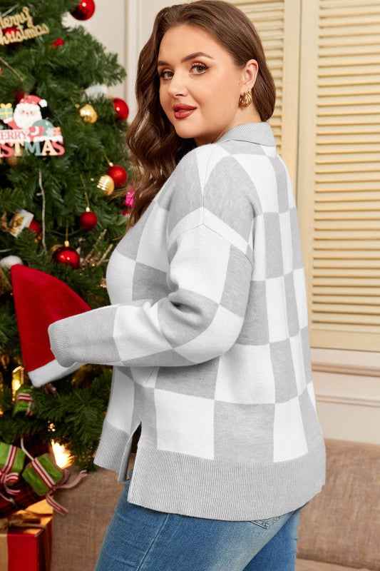 Plus Size Checker Buttoned Polo Collar Sweater 1d5b2cb1-218d-4bc1-a1ca-e4a9825a4b1f