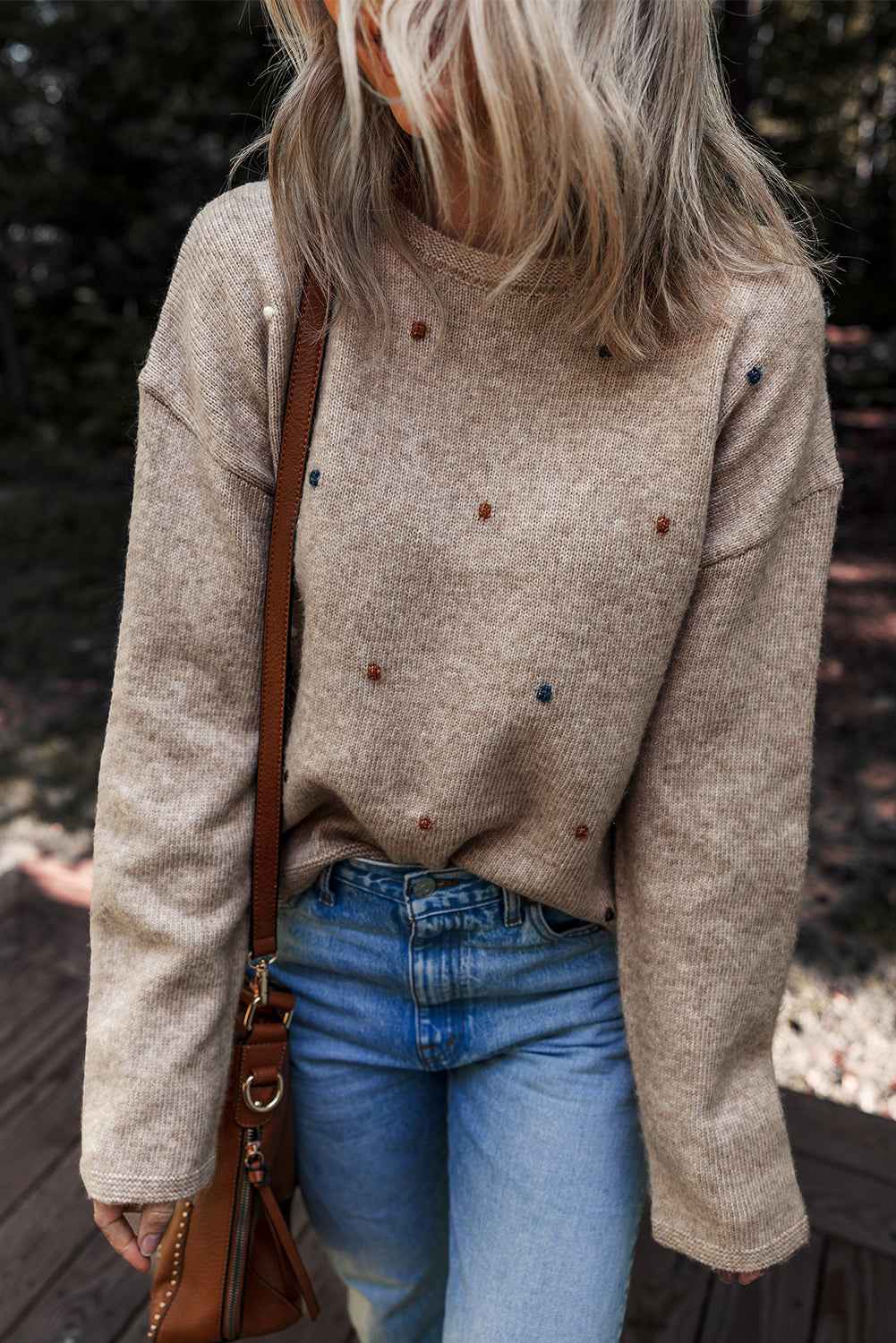Gray Morn Contrast Colored Dot Detail Drop Shoulder Sweater Gray Morn 69%Regenerated Polyester+13%Acrylic+12%Polyamide+6%Wool 1d6ee04e9e0bde56