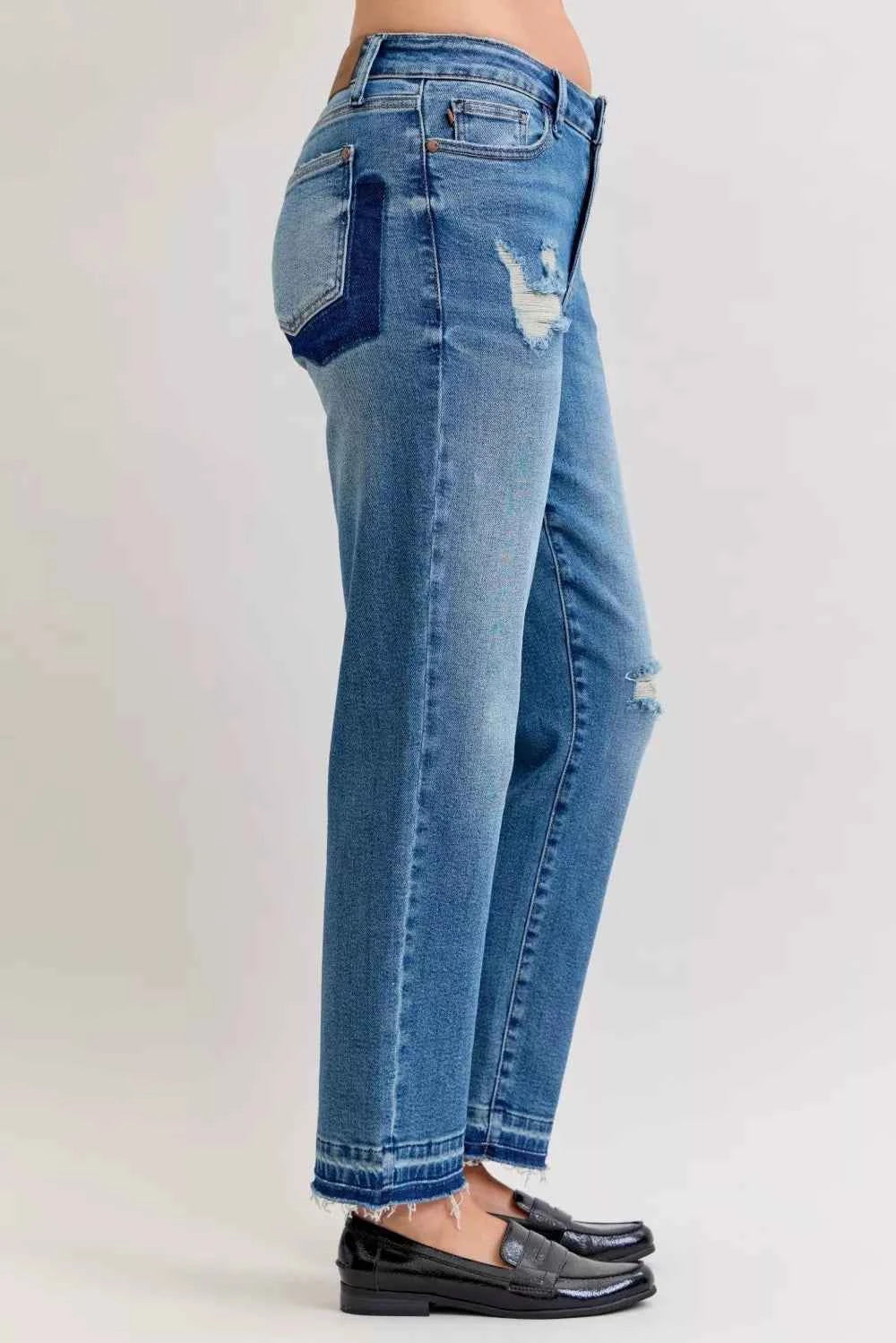 Judy Blue Full Size Mid Rise Bf Patch & Repair Destroy Release Hem Jeans Plus Size 1d71bec41fab4b389e679aa32174c7fe-Max-Origin