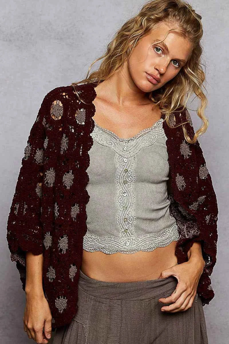 POL Openwork V-Neck Chenille Cardigan with Contrast Floral 1de123d4-1f74-4b63-9872-db67829db8f3-Max-Origin