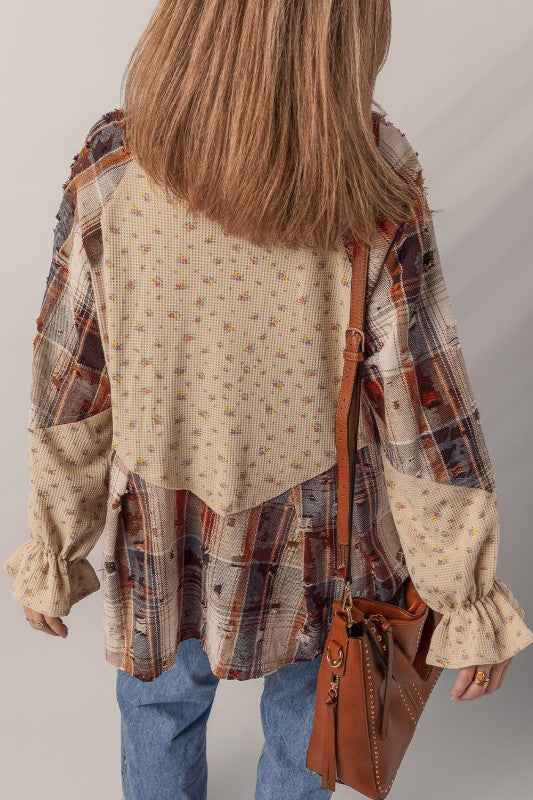 Boho Floral Plaid Patchwork Ruffle Sleeve Waffle S 1e15eecf-a42f-4308-a1cf-8deb0a30e016