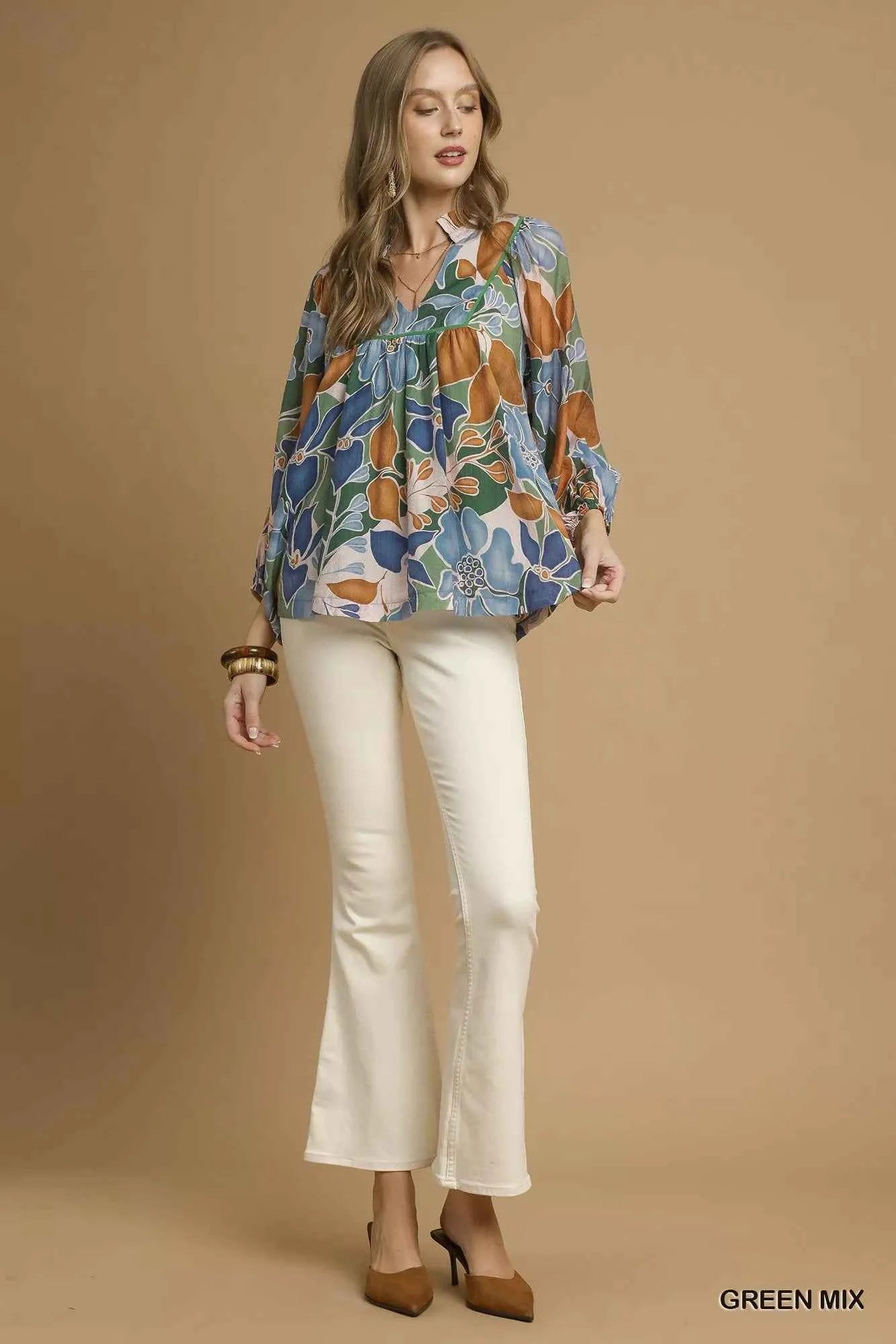 Umgee Multicolor Abstract Floral Print Blouse with Ruffle Neck 1e62e820-4cee-4d51-82e3-6055fbf8abf6-Max-Origin