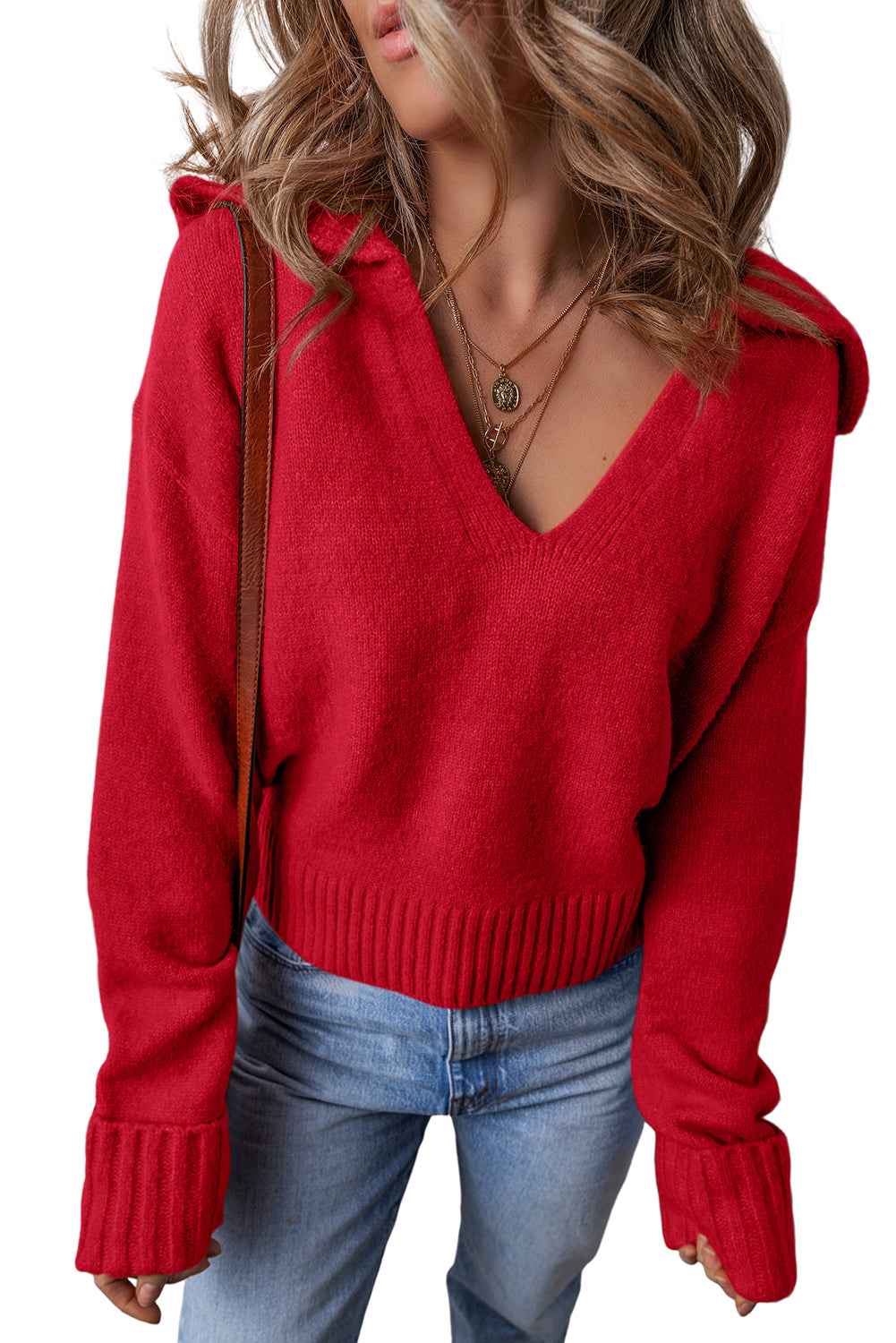 Racing Red Ribbed Edge Collared V Neck Loose Fit Sweater 2042b247d27a7b93