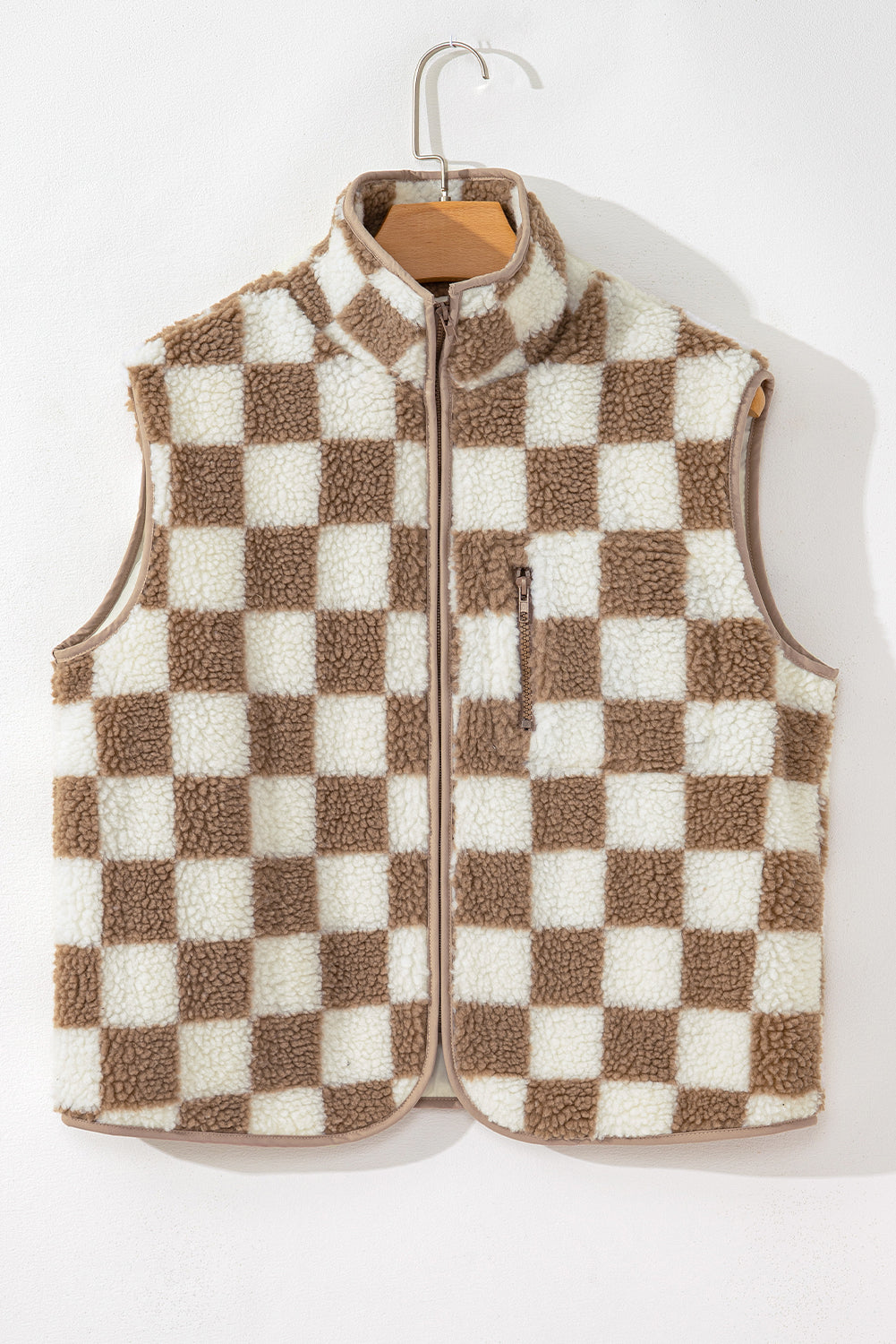 Khaki Checkered Sherpa Collared Jacket Vest 20762663871e0fe0