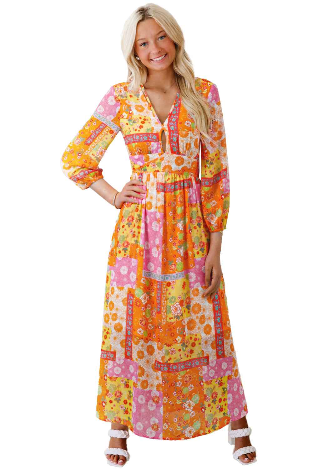 Orange Floral Patchwork Print Cut out Tied Back Bracelet Sleeve Maxi Dress 20c38e6ccc0ddcff