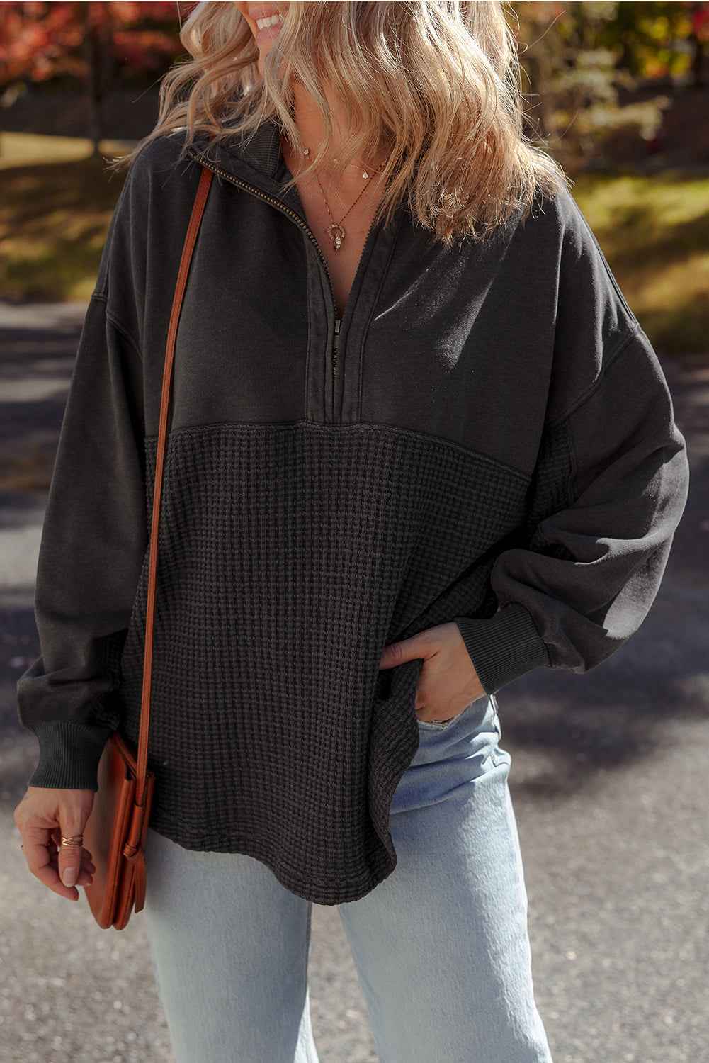 Carbon Grey Waffle Knit Patchwork Half Zipped Casual Sweatshirt Carbon Grey 65%Polyester+35%Cotton 20c6cd1fefd7f876