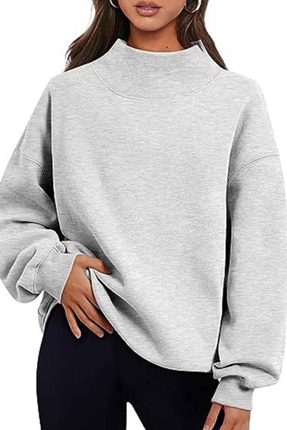 Chicory Coffee Solid Color High Neck Long Sleeve Loose Sweatshirt Light Grey 95%Polyester+5%Elastane 210e73b87973c526