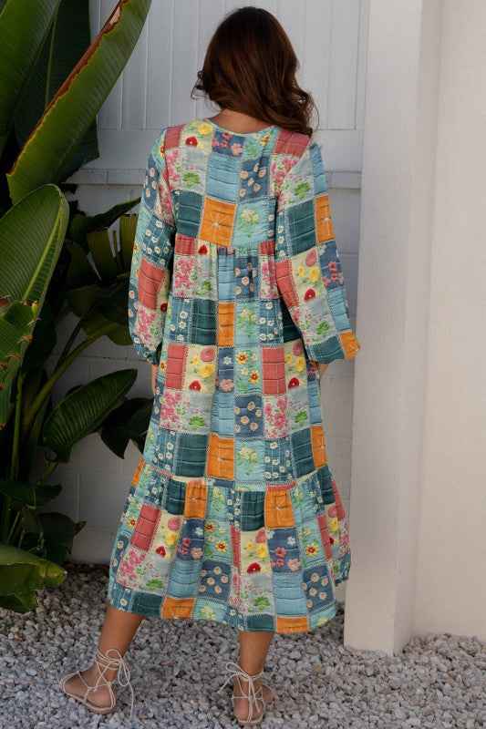 Floral Patchwork Long Sleeve Ruffle Hem Midi Dress 21162090-3786-4081-b37f-038b000a13cb