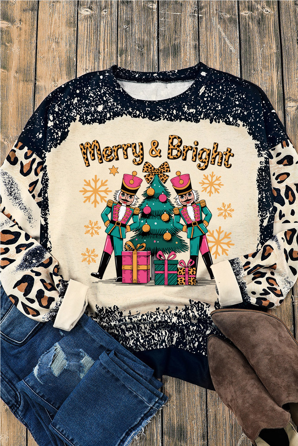 Black Merry&Bright Christmas Nutcracker Heat Transfer Printing Leopard Tie Dye Bleached Baggy Sweatshirt 2134ab6abf272b03