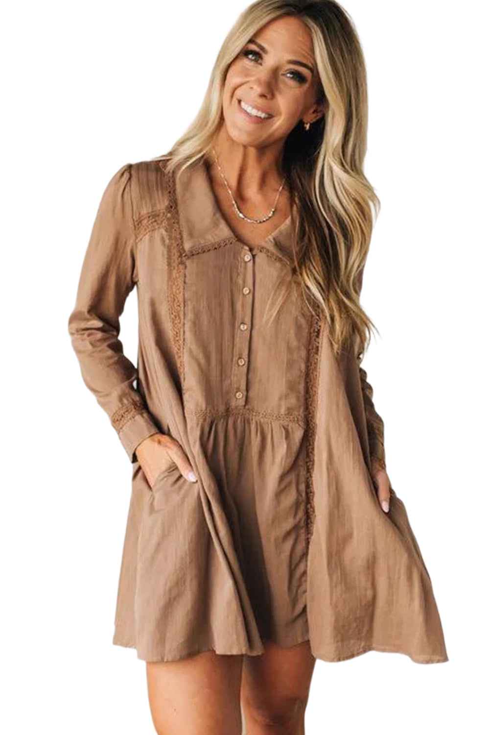 Straw Yellow Lace Trim Peter Pan Collar Long Sleeve Mini Shirt Dress 214df637f211298b
