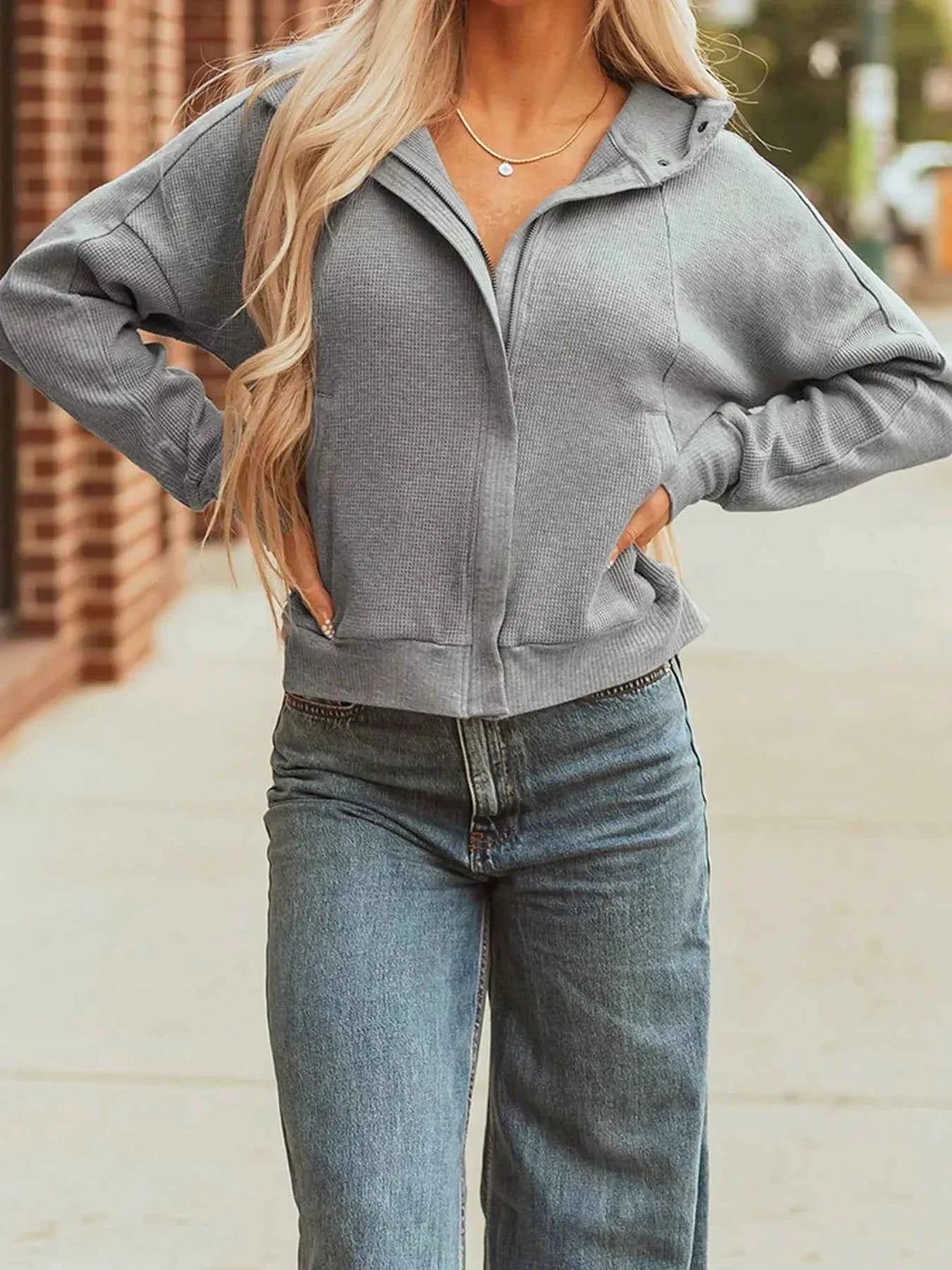 Waffle Splicing Zip Up Front Button Hooded Jacket Gray 216e0981-04b1-458e-b2e9-150da15b76b8-Max-Origin