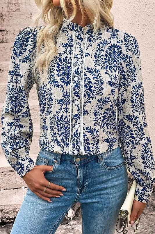 Bohemian Printed Bishop Sleeve Lace Shirt 21749811_11626877-cd41-4b99-8f3e-de1a22f8341e