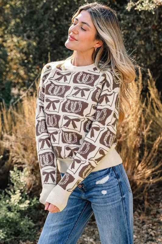 Western Bows & Horseshoes Long Sleeve Sweater 21fb92d0-cc71-4a74-86a0-91494a3a6ed5