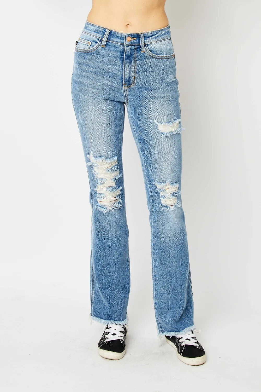 Judy Blue Full Size Distressed Raw Hem Bootcut Jeans 2203f2e9-6443-4067-a64e-bb06991039e4-Max