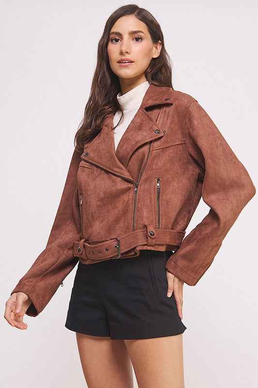 BELTED LONG SLEEVE ZIPPERED SUEDE MOTO JACKET 22158170_43932496-3aa6-4adc-9404-0d9205535e4b