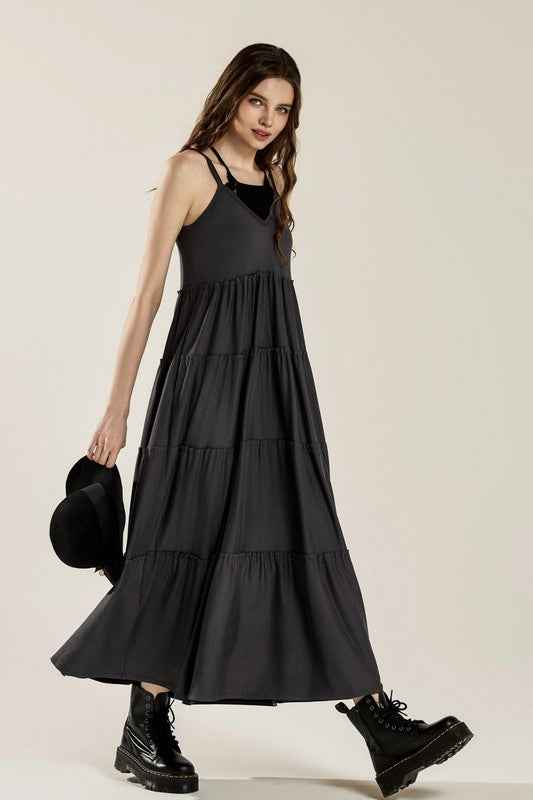 Flowy Knit V-neck Ruffle Tiers Knit Maxi Dress Charcoal 22469662_4a8ab725-a11b-4f07-9430-7e0f00b818b2