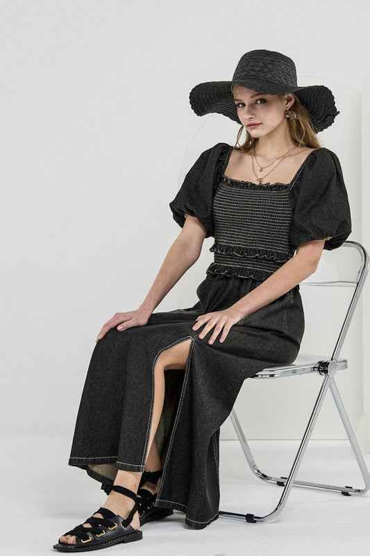 Denim Off Shoulder Puff Sleeves Smocked Dress 22630344_7756630c-6376-426b-a894-2f87ea7e3349