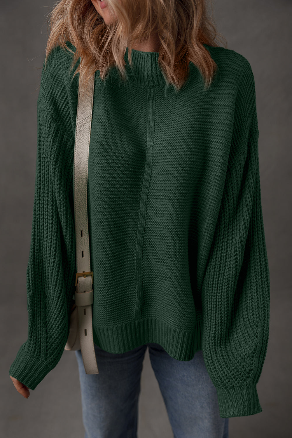Mist Green Solid Color Front Seam Drop Shoulder Loose Sweater Mist Green 60%Cotton+40%Acrylic 229005224d288931