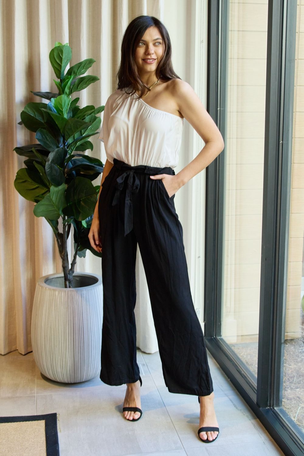 Dress Day Marvelous in Manhattan One-Shoulder Jumpsuit in White/Black 229ac2a24a034a63885931eed50f7495-Max