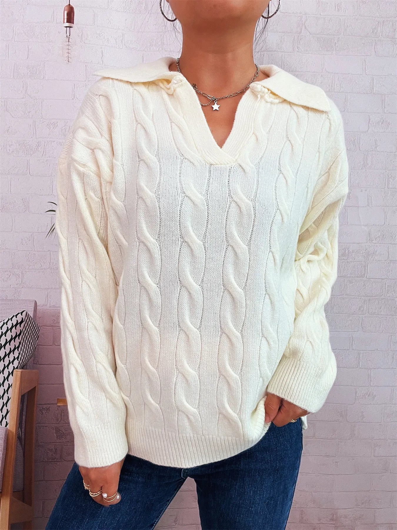 Cable Knit Johnny Collar Sweater White One Size 229b0e5aff7a47c396ed41f987e0d879-Max-Origin