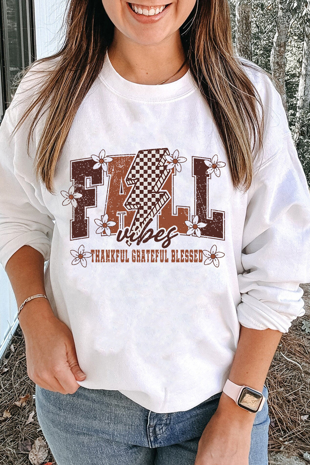 White FALL THANKFUL GRATEFUL BLESSED Heat Transfer Printing Graphic Drop Shoulder Sweatshirt 22e219f6afb1009d