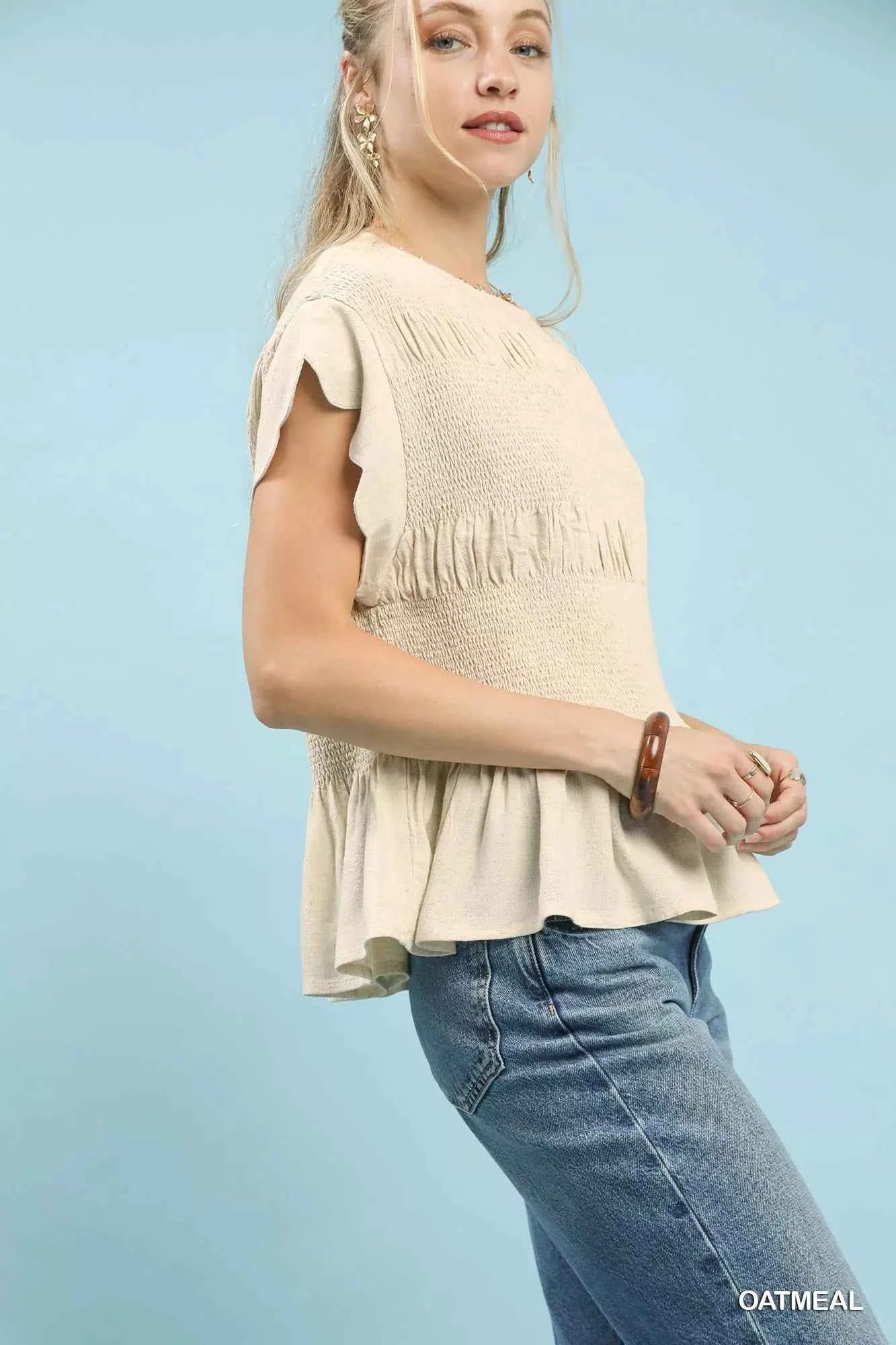 Umgee Linen Blend Smocked Peplum Blouse 2318d526-2ad8-486e-a560-4cfca338b328-Max-Origin
