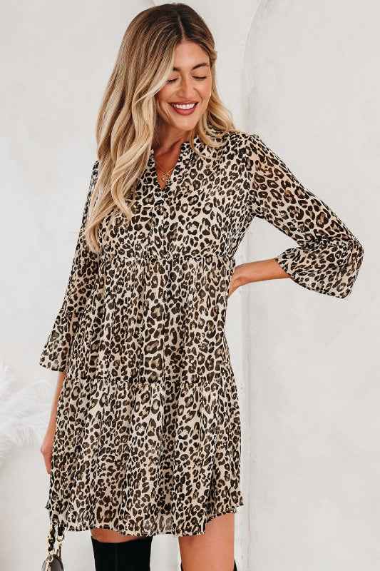 Leopard 3/4 Sleeve V-Neck Dress 23450912-61b8-42a3-9b71-991dfcd16a01