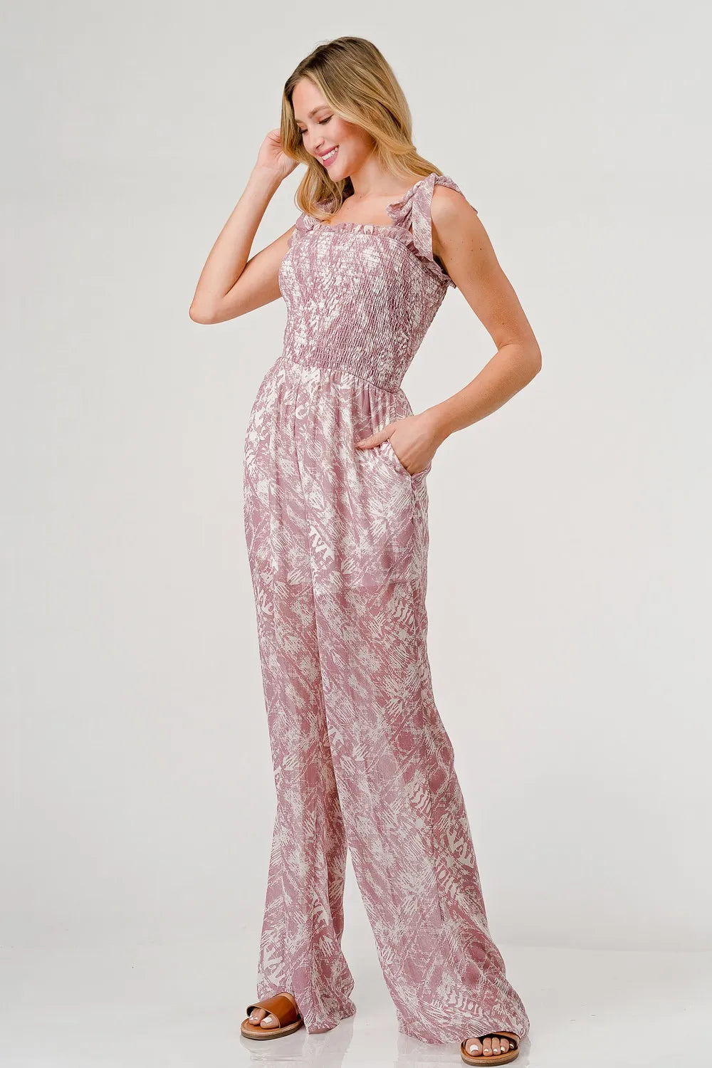 GeeGee Printed Tie Shoulder Wide Leg Jumpsuit 23485c5d-da7c-4ebc-9ec3-bc381494f8e4-Max