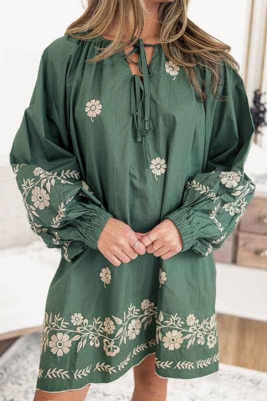 Tie Neck Boho Floral Puff Sleeve Shift Dress Green 23563154_031cb879-b82d-49e9-a066-8d4fb7636dfe