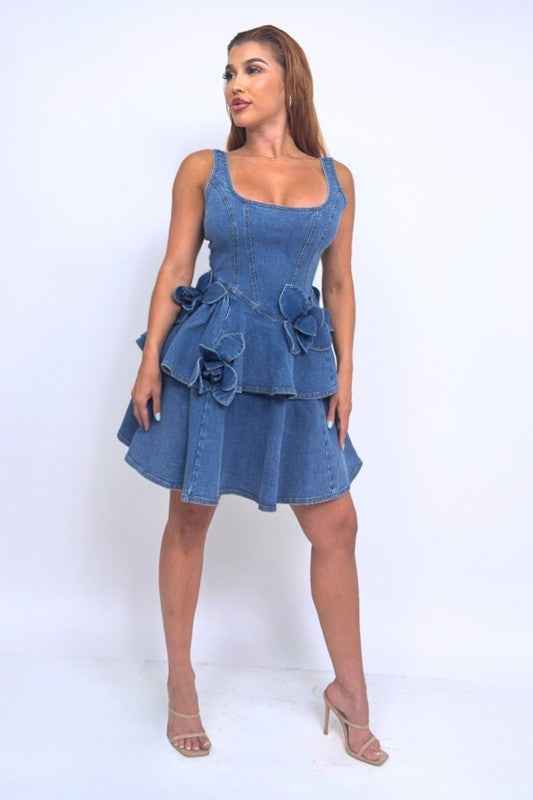 Denim Tiered Mini Dress with 3D Flower Detail 23726351_ef791a0a-1f47-4864-89b0-e2f83dee5ed6