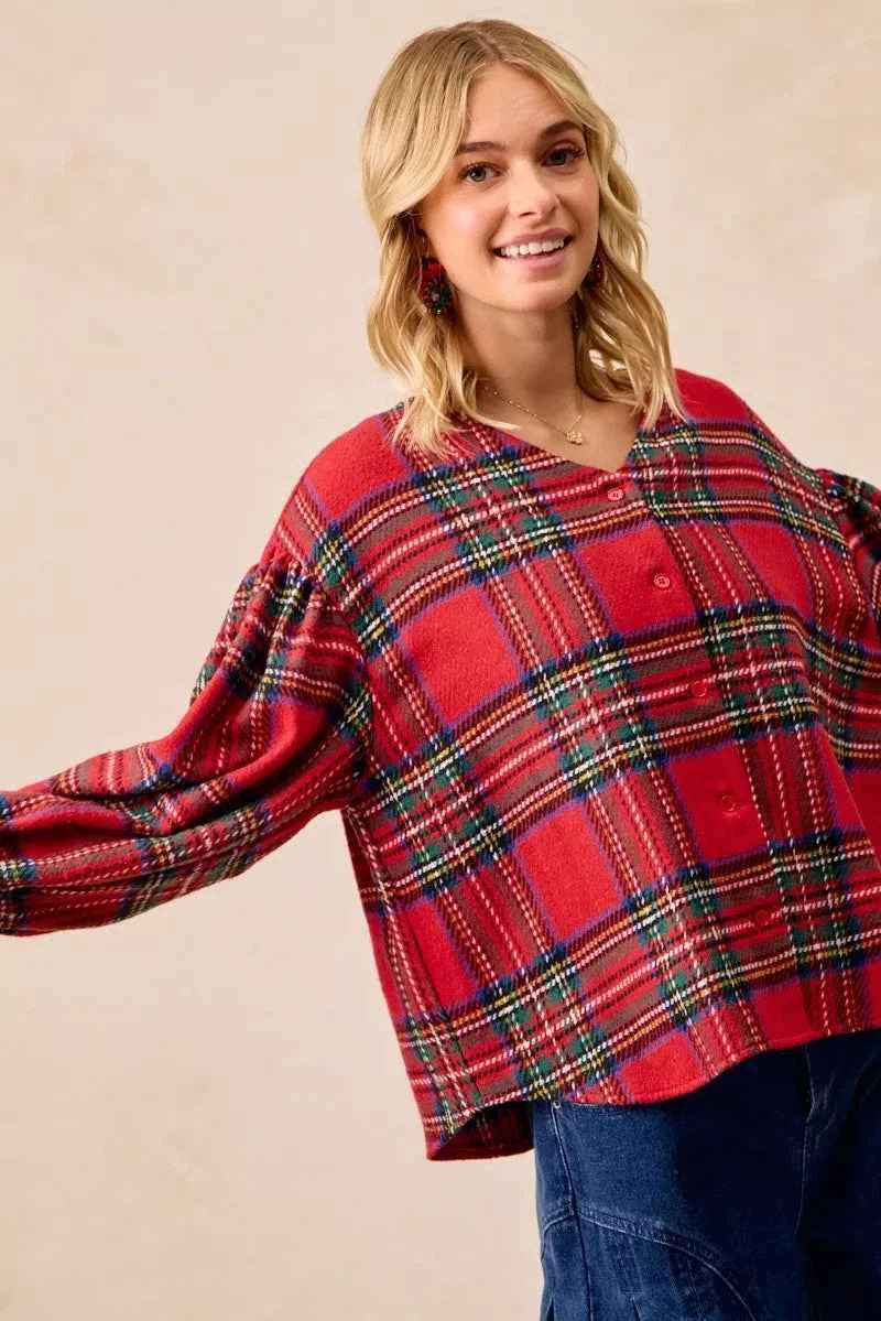 BiBi Christmas Plaid V-Neck Flounce Sleeve Jacket 23848d714896458b9fcf216c1cac7cf2-Max-Origin