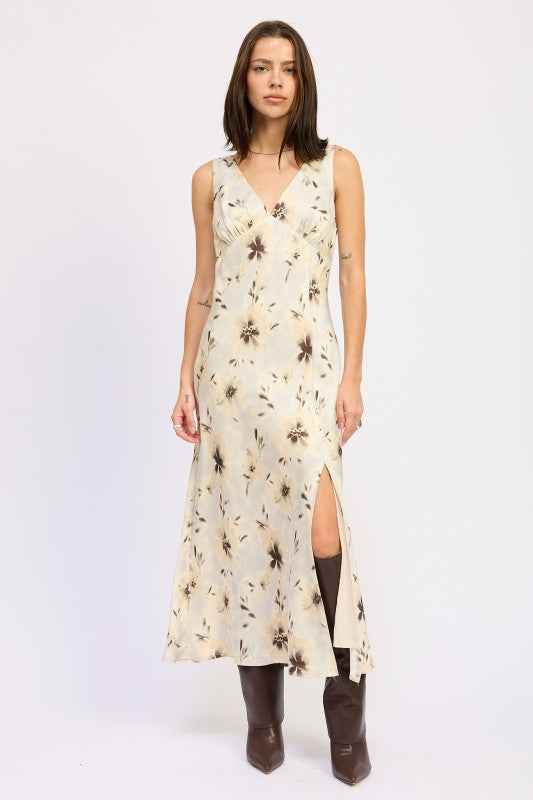 V NECK FLORAL MIDI BIAS DRESS WITH SLIT BUTTERCREAM MULTI 23919478_5125fe9f-4eda-4590-9c77-938dead96a87