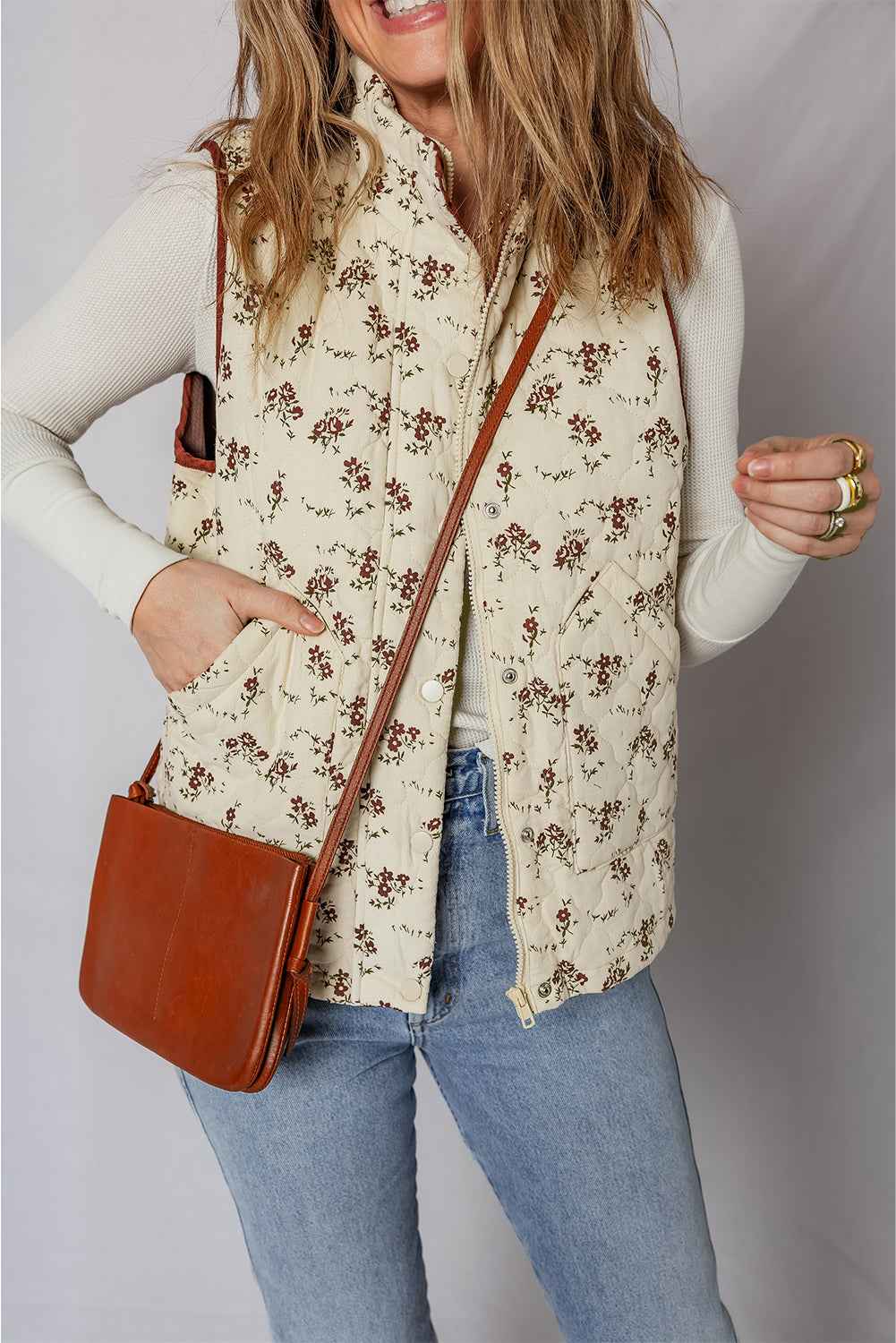 Apricot Floral Print Zip Up Quilted Warm Vest 23d9da09fb223363
