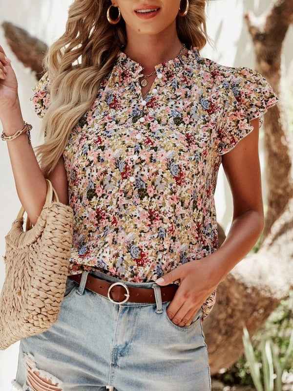 Red Boho Floral Frilled Button Neck Ruffle Blouse 24121396_14c51257-6344-48cb-8b15-473cae292cd1