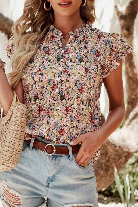 Red Boho Floral Frilled Button Neck Ruffle Blouse Red 24121396_82598d49-aa89-45c0-aa76-51b4e72a9b4b