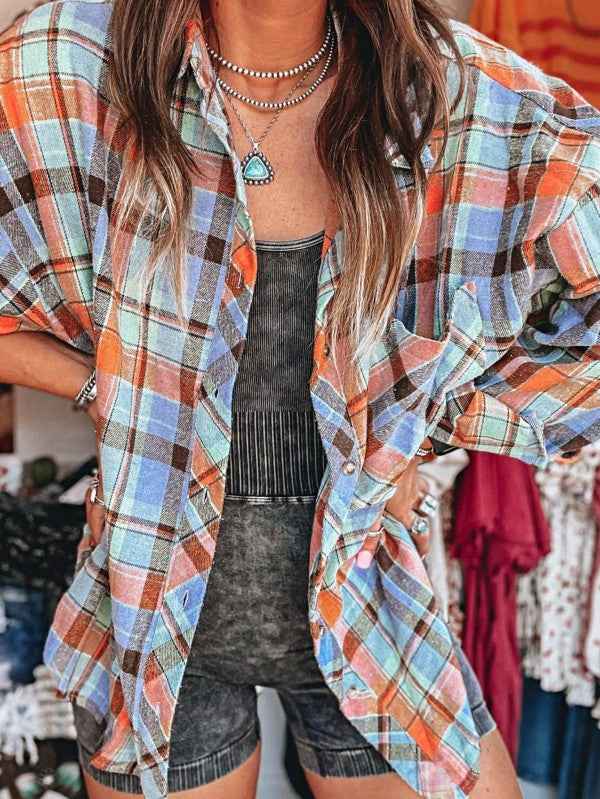 cotton Boho Red Mint Plaid Button Shirt Shacket 24159830_44411e2c-9c81-4c9d-a76a-549558a5a346