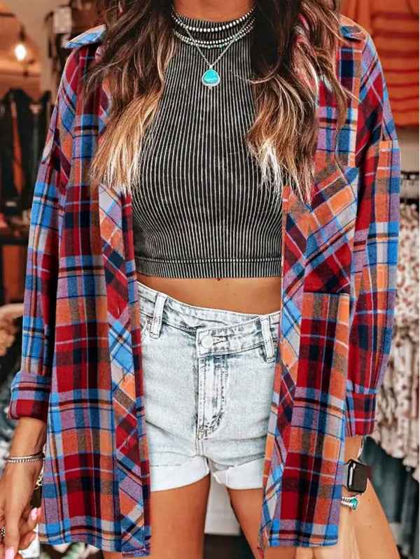 cotton Boho Red Mint Plaid Button Shirt Shacket 24159830_63d9821d-a0b1-450a-a61c-bc9300300636