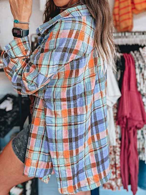 cotton Boho Red Mint Plaid Button Shirt Shacket orange 24159830_a9362c66-0275-439c-9a46-1ed91a9dc7f9