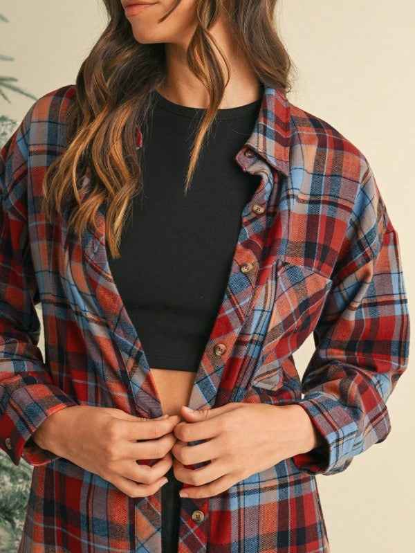 cotton Boho Red Mint Plaid Button Shirt Shacket Red 24159830_b3d3cb87-1e21-4d80-a151-33506b26d335