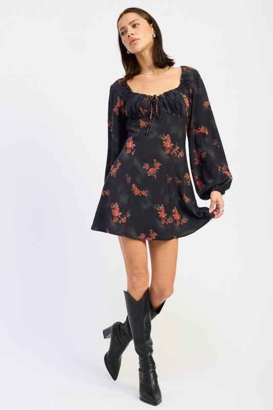 MINI LONG SLEEVE DRESS WITH SQUARE NECKLINE BLACK FLORAL 24268179_8cdc7698-81ec-4b46-b8ad-d56f87d74b4e