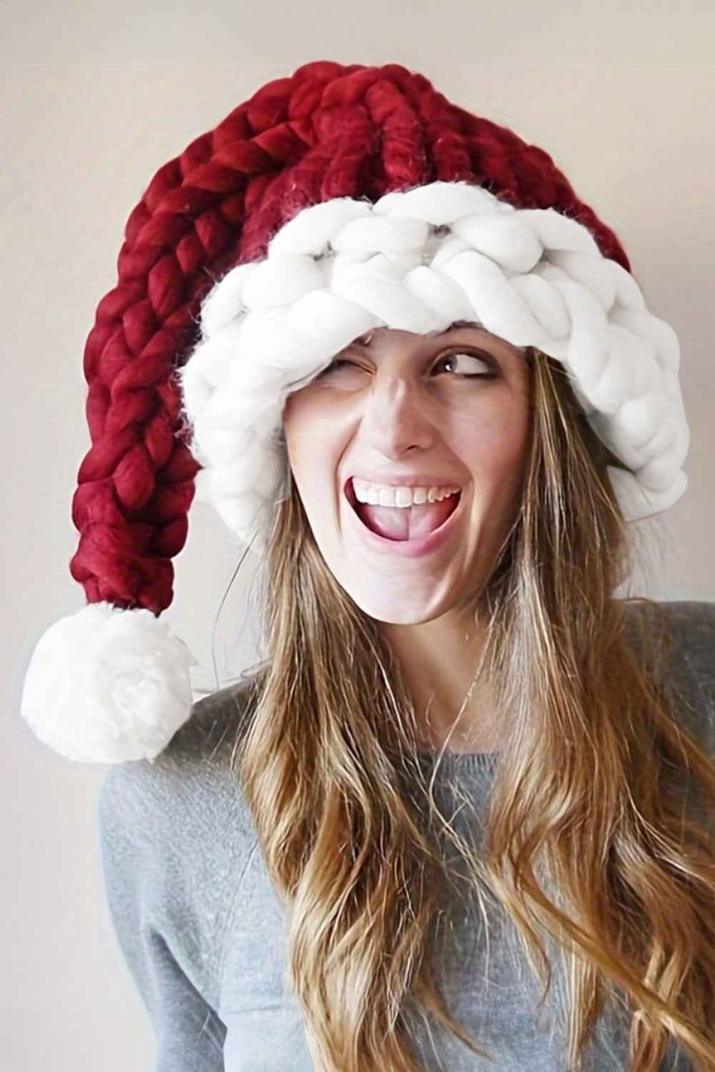 Red Dahlia Color Block Pom Pom Decor Chunky Knitted Christmas Hat Red Dahlia ONE SIZE 100%Acrylic 243c030f41c0a373