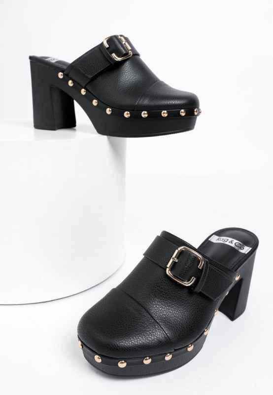 Septim Genuine Leather Studded Clog Heels Black 244df43b-5ecd-455e-a6c1-6e66853ec642