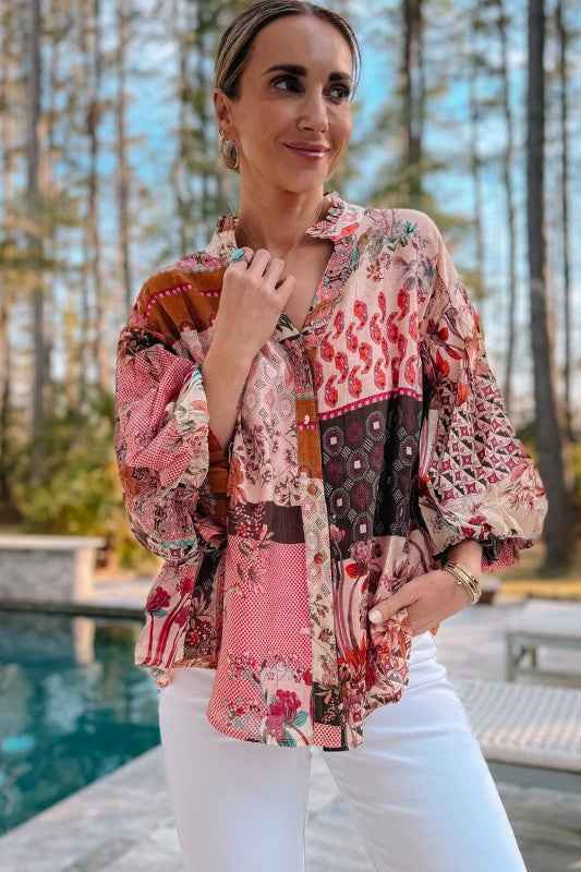 Red Boho Geometric Mixed Print Bubble Sleeve Shirt 24671836_58d634b2-825a-470a-a6f3-8052697dc7c0