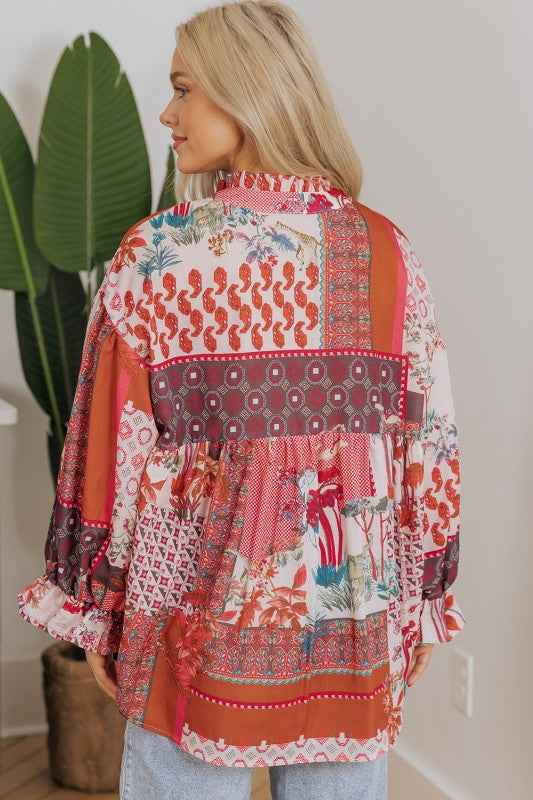 Red Boho Geometric Mixed Print Bubble Sleeve Shirt 24671836_62a33c11-23bb-4a9e-931f-5385a034d9cf